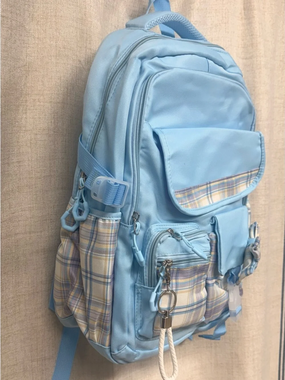 Light Blue Plaid Stitch Accent Backpack NWOT